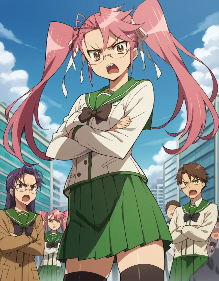 score_9, score_8_up, score_7_up, source_anime,
sayatakagi, <lora:saya-takagi-ponyxl-lora-nochekaiser:1>,
saya takagi, long hair, ribbon, twintails, brown eyes, hair ribbon, pink hair, glasses, angry, shouting,
skirt, thighhighs, school uniform, serafuku, zettai ryouiki, green skirt, bowtie, long sleeves, black thighhighs, black bowtie,
outdoors, cityscape, zombies, crowd, people, crossed arms,
looking at viewer, cowboy shot, dutch angle,