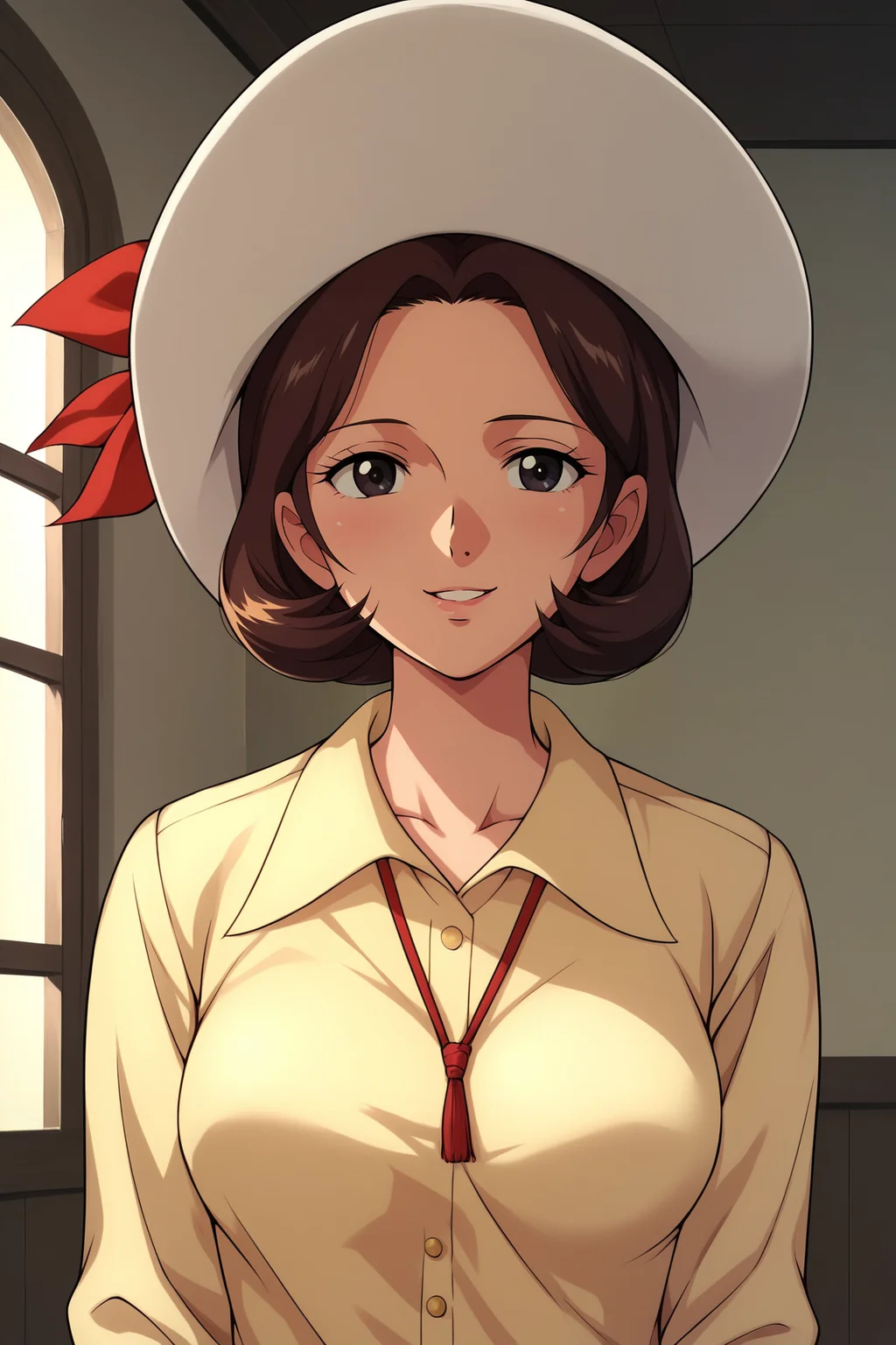 score_9, score_8_up, score_7_up, score_6_up, BREAK, HikaruMakibaUFOXL, 1980s (style), black eyes, brown hair, short hair, medium breasts, white sun hat, yellow shirt, long sleeves, solo, front view, (portrait, upper body), solo focus, seductive smile, looking at viewer, indoors <lora:HikaruMakibaUFOXL:0.8>