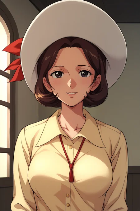 score_9, score_8_up, score_7_up, score_6_up, BREAK, HikaruMakibaUFOXL, 1980s (style), black eyes, brown hair, short hair, medium breasts, white sun hat, yellow shirt, long sleeves, solo, front view, (portrait, upper body), solo focus, seductive smile, looking at viewer, indoors <lora:HikaruMakibaUFOXL:0.8>
