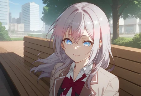 score_9, score_8_up, score_7_up, source_anime,
Detailed face, detailed eyes, very detailed, good quality, Expressiveh
BREAK
city park, trees, benches, walking path
BREAK
1girl, solo, Alisa, long hair, bangs, blue eyes, hair between eyes, flirty smile, grey hair, school uniform, skirt, thigh highs, sitting, sitting on nech, wind blowing, hair blowing