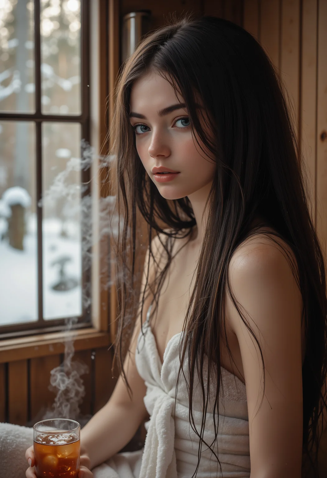 portrait of a beautiful 20-years-old european woman with black long hair, large round blue eyes, glossy lips, pale skin. She is thin, slender, petite.
She sits, her legs up, inside a sauna. smoke and mist all around her.
Her skin flushed and slick with sweat.
Her hair is damp and clinging to her forehead, where sweat gathers and drips in steady streams.
She has a soft white towels wrapped around her waist. her long hair cover and hide her breasts and nipples.
She's drinking a glass of iced tea.
The background is a sauna in an old hunters cabin in the woods.
Outside the window a beautiful snwoy scene on a sunny day
dreamwave, aidmaMJ6.1