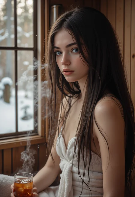 portrait of a beautiful 20-years-old european woman with black long hair, large round blue eyes, glossy lips, pale skin. She is thin, slender, petite.
She sits, her legs up, inside a sauna. smoke and mist all around her.
Her skin flushed and slick with sweat.
Her hair is damp and clinging to her forehead, where sweat gathers and drips in steady streams.
She has a soft white towels wrapped around her waist. her long hair cover and hide her breasts and nipples.
She's drinking a glass of iced tea.
The background is a sauna in an old hunters cabin in the woods.
Outside the window a beautiful snwoy scene on a sunny day
dreamwave, aidmaMJ6.1