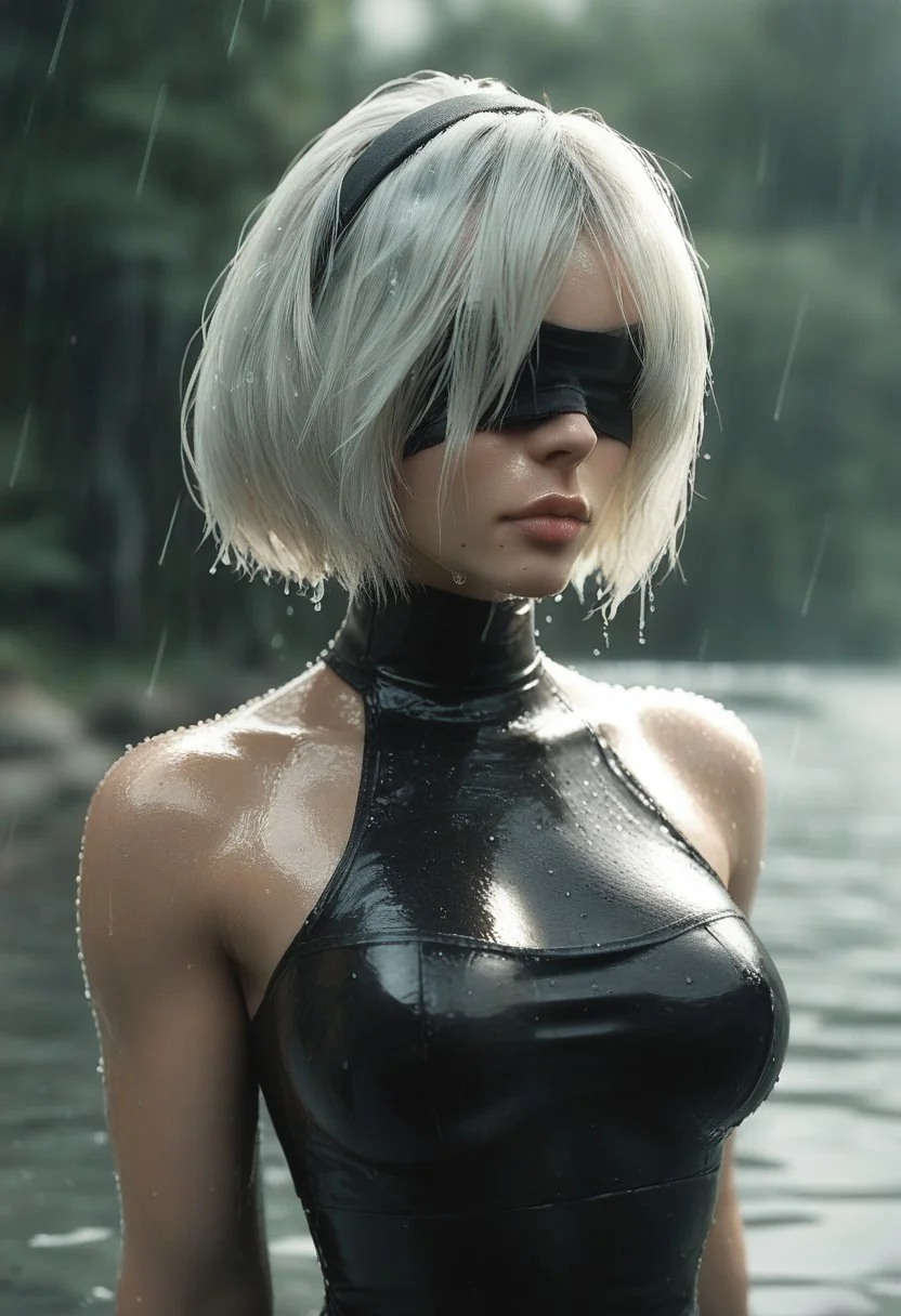 score_9, score_8_up, score_7_up, source_real, source_photo, 1girl, yorha no. 2 type b. solo, short hair, dress, bare shoulders, medium breasts, closed mouth, upper body, white hair, hairband, sleeveless, mole, blurry, black dress, lips, wet, depth of field, blurry background, turtleneck, black hairband, wet clothes, mole under mouth, facing viewer, smartphone, rain, water drop, blindfold, wet hair, covered eyes, black blindfold,