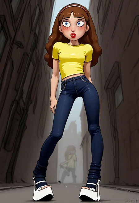 score_9, score_8_up, score_7_up, score_6_up, (ultra HD quality details), low angle view, bielegraphics,
solo, 1girl, morticiasmith,
standing in street,
brown hair, long hair, hairband,
blue eyes, white sclera,
white skin, pale skin, makeup, lipstick, red lips,
blush, shy,
garter belt, stockings, white platform pumps, yellow shirt, jeans,