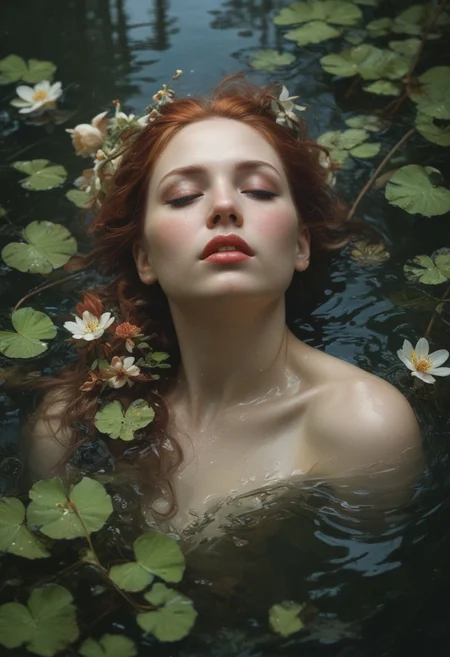 Ophelia's dream, Low saturation color photography, vintage, grunge, top light, masterful painting in the style of Anders Zorn | Marco Mazzoni | Yuri Ivanovich, Todd McFarlane, Aleksi Briclot, oil on canvas