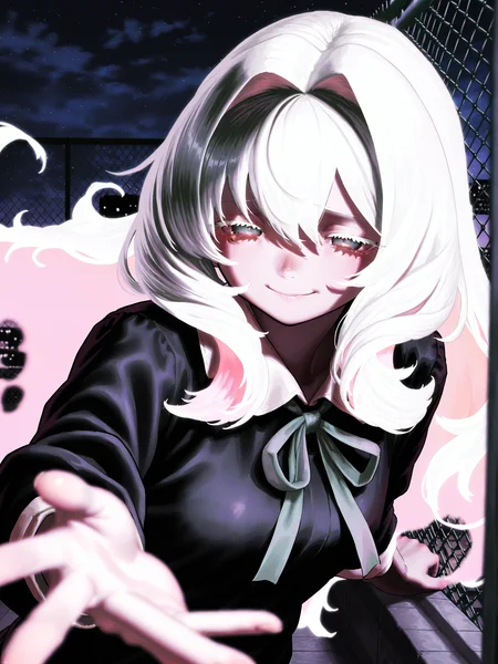 ekrea jan <lora:CRGhostXL:1> CR_WGC, 1girl, two-tone hair, gradient eyes, very long hair, black shirt, collared shirt, white eyelashes, <lora:cfg_scale_boost:0.5> looking at viewer, hair intakes, sad smile, <lora:spo_sdxl_10ep_4k-data_lora_webui:0.4>, solo, <lora:r-hrtdrp:0.4> detailing, school rooftop, chain-link fence, hand on fence, grasping fence, upper body, sky, night, floating hair, neck ribbon, reaching towards viewer, glowing, outstretched hand, ((fading)), depth of field, transparent, lazypos