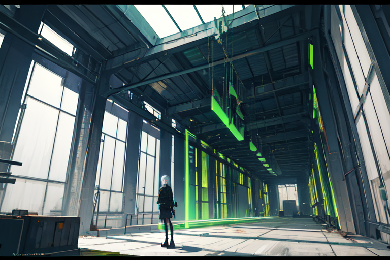 highly insanely detailed, masterpiece, top quality, best quality, highres, 4k, 8k, RAW photo, (very aesthetic, beautiful and aesthetic),  
tsutomu nihei,nihei_tsutomu,blame!,blame gakuen!,abara,TNstyle,sidonia_no_kishi,(tower,stairs,city ruins,space,spacecraft,mausoleum,megastructure in background,tunnel,sidonia \(ship\),hangar,giant room,deep horizon,lab),star \(sky\),starry sky,concrete walls,metal walls,dome,buildings,gauna,gauna mech,mist,air conditioner,tentacles,letterboxed,ventilation fan,ventilation shaft,cables,tubes,industrial pipes,lantern,fence,wire,bridge,drainpipe,machinery, 
<lora:blameLora_v10:0>, 
(1girl:1.3), 
solo focus, 
neon green background,neon magenta background,(neon color background,colored geometric background,rainbow background),âââ
