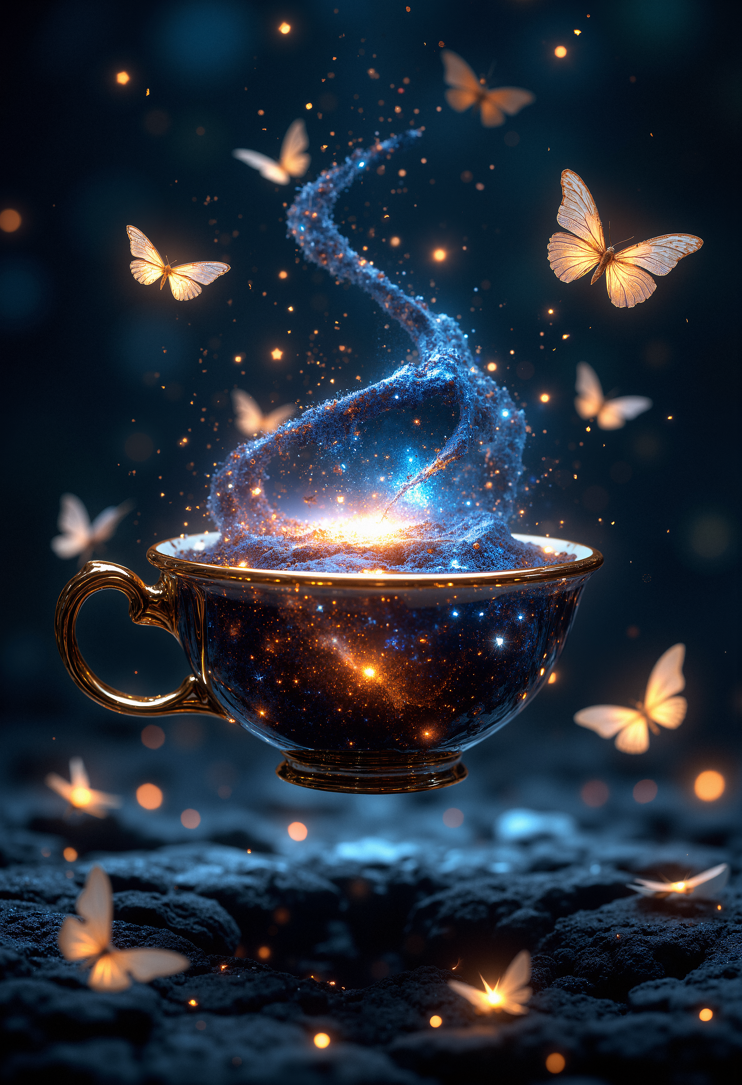 A floating teacup made of liquid mercury, with a galaxy swirling inside it instead of tea. The teacup levitates in mid-air, held up by invisible forces. Surrounding the teacup are ethereal, glowing butterflies with translucent wings, each reflecting fragments of stardust and light. The atmosphere is calm and otherworldly, with the teacup slowly rotating, making the galaxy within it appear to be in constant motion. Tiny stars occasionally break free from the cup, drifting into the surrounding void.    <lora:FluxMythP0rtr4itStyle:0.8> MythP0rt,  <lora:aidmaImageUpgrader-FLUX-V0.1:0.33> detailmaximizer, <lora:aidmaMJ6.1-FLUX-V0.1:0.6> midjourneyv6.1, <lora:midjourney_whisper_avant_couture_v01:0.33> midjourney_whisper_avant_couture,