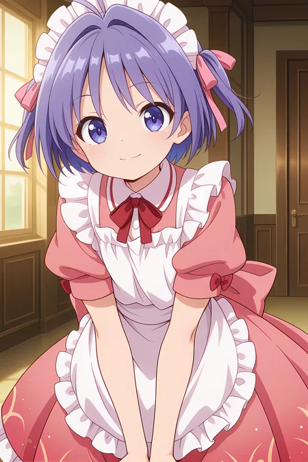 absurdres, highres, masterpiece, best quality, amazing quality, official anime artwork, screencap, anime screencap, indoors, light smile, looking at viewer, dynamic pose, mansion, 
 <lora:Shinmyoumaru-Sukuna_Illustrious:1> sukuna shinmyoumaru, 1girl, solo, blue eyes, purple eyes, blue hair, purple hair, short hair, antena hair, two side up,, alternate costume, hair ribbon, pink ribbon, maid, maid headdress, pink dress, short sleeves, puffy sleeves, pink back bow, apron, white apron, frills, 
minigirl,