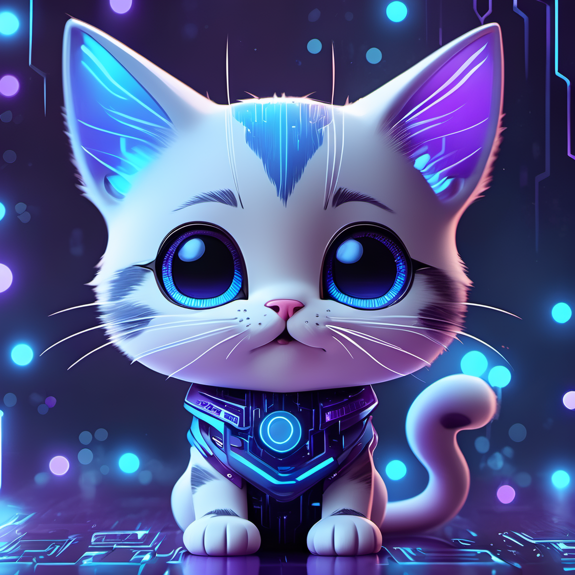 iccircuitart,blue and purple theme,cat,<lora:iccircuitart:1>, cute, tiny, little chibi, kawai, furry, great face expression, dynamic pose, trending on artstation, cinematic, hyper realism, high detail, 8k, 8mm, octane render, bokeh, artstation, detailed, character design by mark ryden and pixar