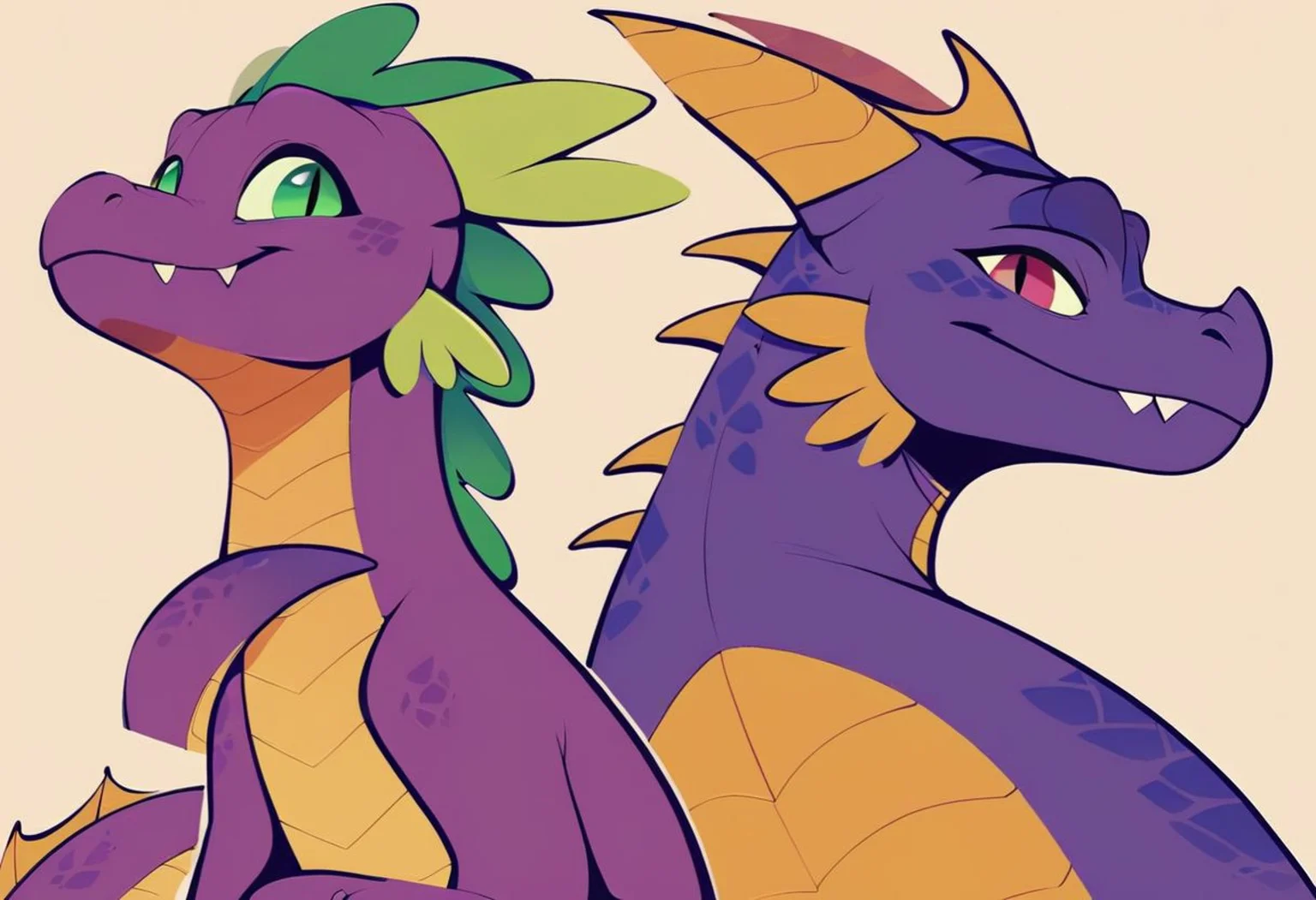 score_9, score_8_up, score_7_up, score_6_up, score_5_up, score_4_up, minimalist lineless art, (2 dragons in hotsprings:2), fang, no humans, (large dragon with purple eyes and a small dragon with green eyes:0.75), (large purple dragon with black eyes:0.7), eye contact, (small purple dragon with green eyes:0.7), (Spyro the dragon and spike:0.25), (rating_safe:1.2)