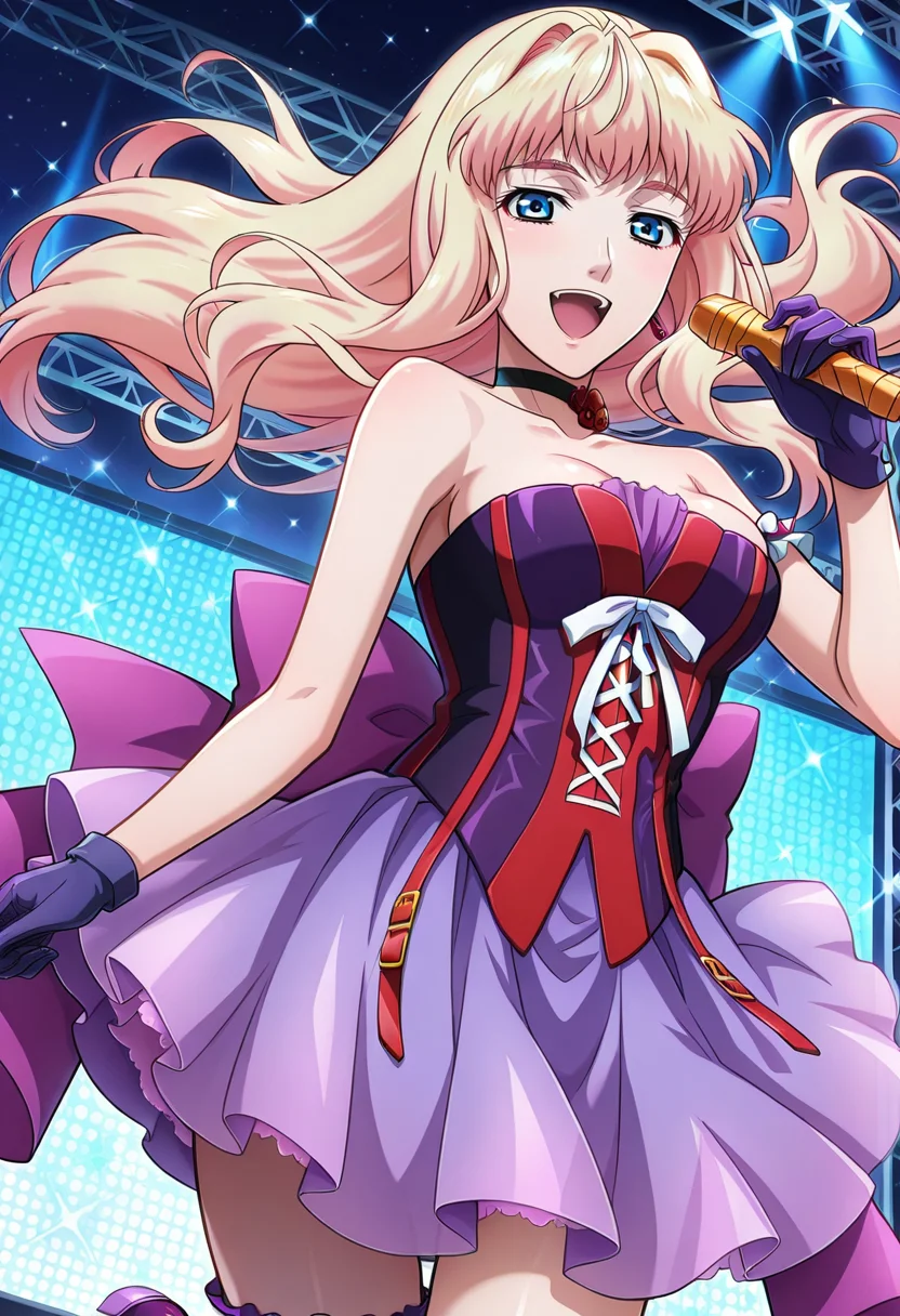 concert, stage,
BREAK,
open smile, looking at viewer, singing,
cowboy shot, dynamic angle,
BREAK,
<lora:sherylX_illustriousXL_v01:0.99>
sheryl nome, sherylidol, blonde hair, gradient hair, blue eyes,
bare shoulders, sleeveless, purple gloves, purple skirt, flower choker, corset, corset top, purple high-low dress,
one thighhigh, asymmetrical legwear, ribbon tail, armband,
purple footwear, purple shoes,
holding microphone,, source_anime, very aesthetic, anime coloring, masterpiece,
best quality, amazing quality, ultra detailed, very aesthetic,
detailed background,
BREAK,