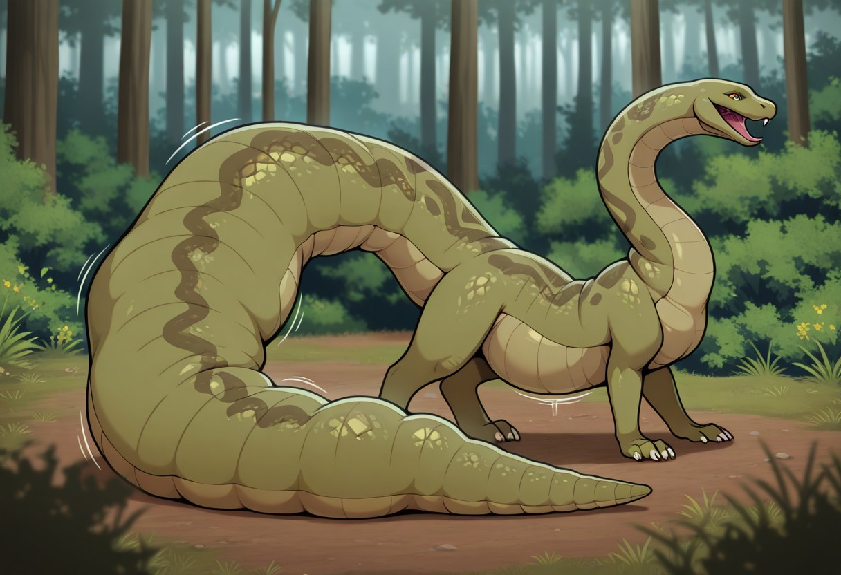 v_tail, snake, anaconda, feral, standing, pleasured, on floor, forest, tail bulge, depth of field, detailed background, masterpiece, best quality, high quality, absurdres, highres, incredibly absurdres, newest, amazing quality, body imprint in tail