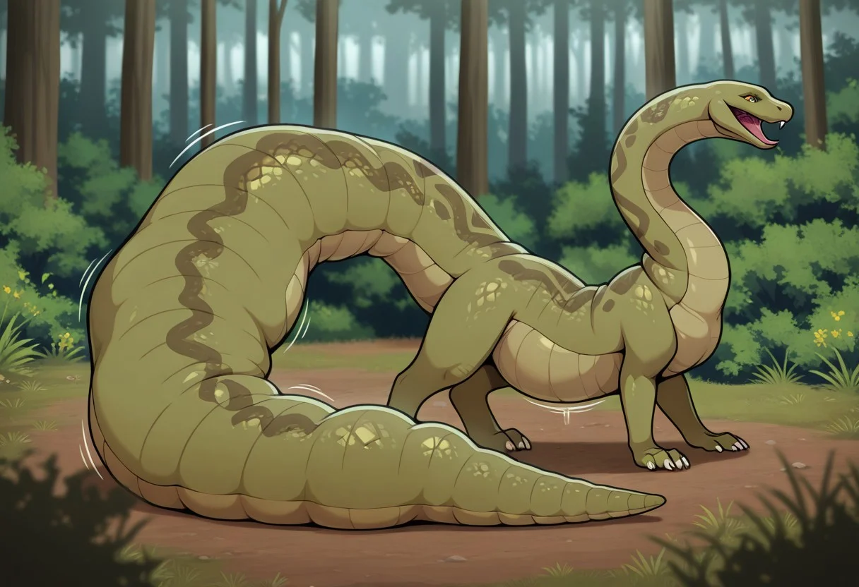 v_tail, snake, anaconda, feral, standing, pleasured, on floor, forest, tail bulge, depth of field, detailed background, masterpiece, best quality, high quality, absurdres, highres, incredibly absurdres, newest, amazing quality, body imprint in tail
