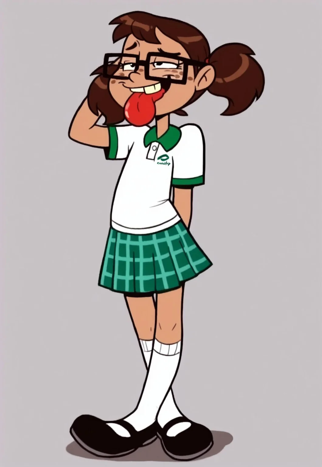 masterpiece, best quality, Chilindrina, 1girl, solo, dark brown hair, pigtails, black eyes, freckles, square glasses, conalep, polo shirt, plaid skirt, pleated skirt, mary janes, white kneehighs, (missing tooth:1.1), smile, (tongue out, biting tongue:0.9), half-closed eyes, hand behind head, hand behind back, crossed ankles, standing, looking away, see-through socks, shiny footwear,