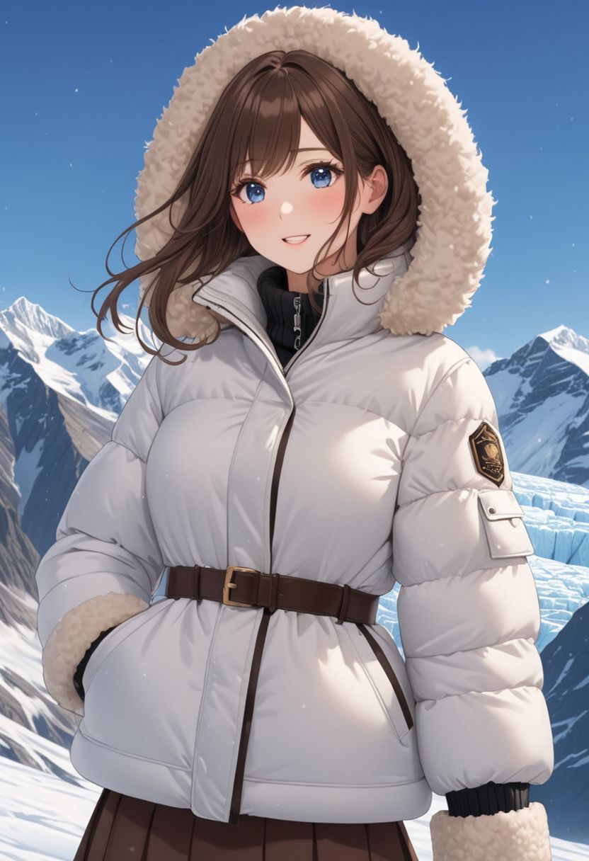 ((((white Oversized shearling down jacket)))), ((((white Oversized shearling puffer jacket)))), ((((white Oversized shearling winter clothes)))), ((((very very cold, in cold)))), ((((semi-realistic)))), ((((feet out of frame)))), ((((puffer hood)))), ((medium knee office skirt, pantyhose, boots)))), ((sharp eyelid, eyeliner, eyelashes, beautiful detailed eyes, tsurime, long messy brown hair, blue eyes, perfect anatomy)), smile, standing, icefield, dynamic pose, ((((masterpiece)))), ((((best quality)))), ((intricate details)), RAW, 8K UHD, (1girl), office lady, detailed face, beautiful face, charming, bonny, (((blush))), (((heavy breathing))), (((feels orgasm))), wind, (Thick padded collar:1.4), (TSH:1.4), (Thick padded cuffs:1.4)