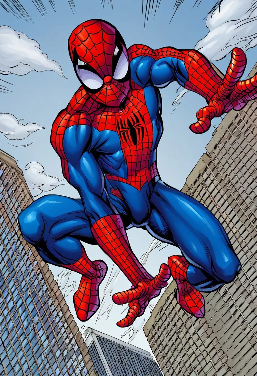 solo, 1boy, masked, red and blue bodysuit, MBStyle, dynamic pose, spider-man, looking at viewer,