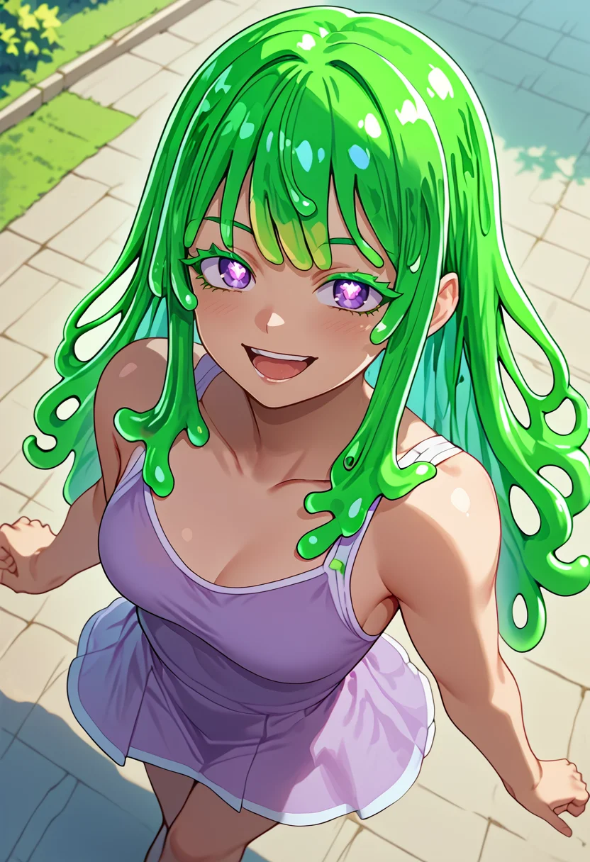 score_9_up, 1girl, solo girl, best quality, masterpiece, posing, , from above, standing, , randome scenery, dynamic pose, looking at viewer
<lora:Neneya_Green:1> NeneyaGreen, green haired slime girl, slime hair, long hair, bangs, purple eyes, x shaped pupils, green colored eyelashes, laughing, (((adult))) medium breast, ,