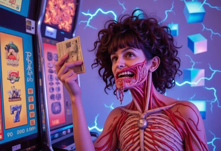 old woman side profile skeletal corpse looking, with maggots on face dripping, showered with australian money cash currency falling in front of her face, she has a wild look in her eyes like she has just won a jackpot in a very clean white room science experiment, woman of 98 years old with brunette bangs in anervous system and veins bodysuit, curly hair sitting at a modern slot machine. She has no face and only skin for a face. She is surrounded by multi colored bolts of high intensity electricity and lightning as well as holograms of futuristic cubes projecting around the room with eyeballs inside them