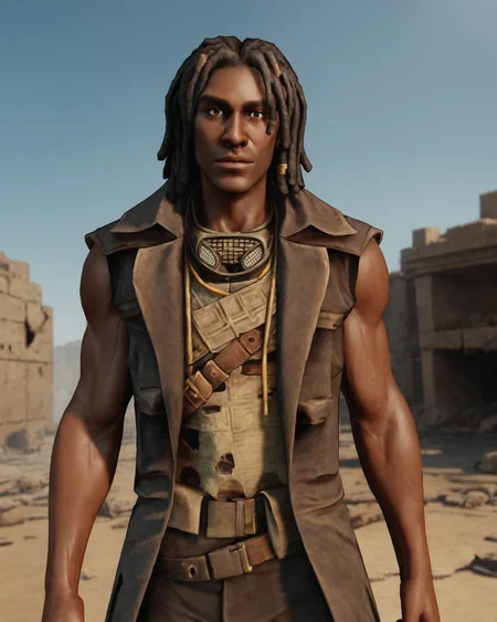 score_9, score_8_up, score_7_up, rating_questionable, intricately detailed, high resolution,<lora:Ulysses_Fallout_New_Vegas:0.8>, realistic,
1boy(u1ysses, ulysses_coat, african, dark brown skin, black hair, dreadlocks, sleeveless, brown leather coat, bandolier, undershirt with holes, muscular, cowboy shot, solo, looking at viewer), ,
postapocalyptic wasteland, ruined city, ruins, outdoors,
front view,
<lora:ral-chrosc-clr:0.7>, ral-chrosc-clr,
<lora:Expressive_H:0.5>
<lora:xl_more_art-full_v1:0.3>,
<lora:add-detail-xl:0.3>