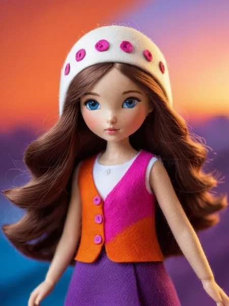 Felt world,felt style,Felt-World\(style\),Felt-World\(style\), [1girl], [A girl with long brown hair and stunning blue eyes, [Dreamlike atmosphere, and a white hat with small pink flowers, detailed clothing, expressive gaze], red shirt, standing in front of a vibrant orange and purple background], sunset-inspired colors, wearing a pink tank top,<lora:Felt-WorldXL-V1-000008:0.7>,