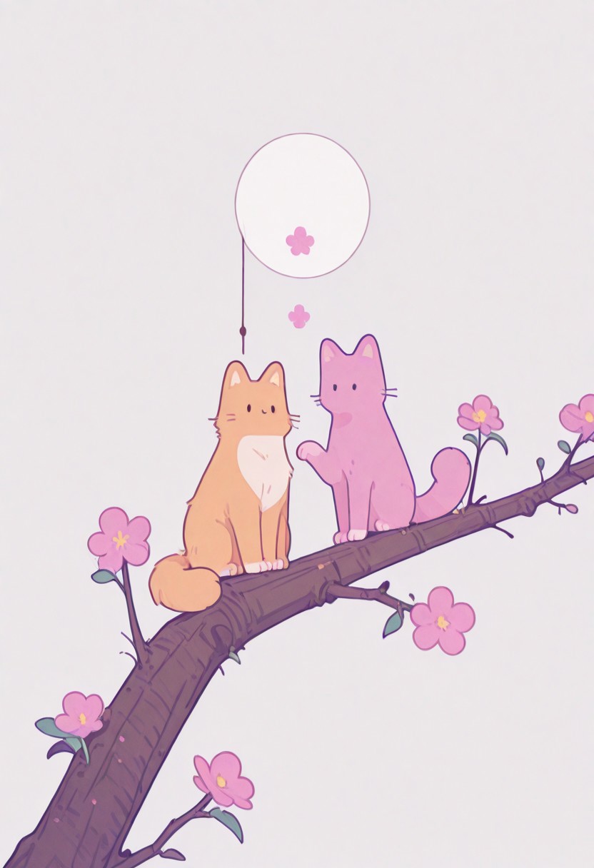 masterpiece, best quality, absurdres, cats sitting on a tree branch, facing each other in an intimate and harmonious pose. The left cat is black, while the right cat is white, creating a striking contrast. They are surrounded by delicate, blooming branches with small flowers, adding a serene and romantic atmosphere. The background is softly blurred, focusing the viewer's attention on the cats and their interaction. The lighting is soft, emphasizing the texture of their fur and the gentle ambiance of the scene. pink heart in front of them, white sphere in the background, h4ra_illu, momosp