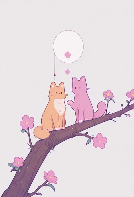 masterpiece, best quality, absurdres, cats sitting on a tree branch, facing each other in an intimate and harmonious pose. The left cat is black, while the right cat is white, creating a striking contrast. They are surrounded by delicate, blooming branches with small flowers, adding a serene and romantic atmosphere. The background is softly blurred, focusing the viewer's attention on the cats and their interaction. The lighting is soft, emphasizing the texture of their fur and the gentle ambiance of the scene. pink heart in front of them, white sphere in the background, h4ra_illu, momosp