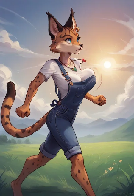 score_9, score_8_up, score_7_up, high quality, 1girl, Anthro creature ,Miyu Swift,farmer,solo,immature,adult,tall,mature,skinny,slim,necklace,tail,shirt,overalls,denim,short pants,looking front,looking other side,indoor,female,running,faster runner,running pose,outdoor,sun,grass,field,sky,side view,bouncing breast