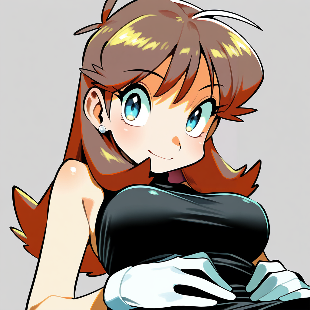 masterpiece, best quality, amazing quality, monochrome, greyscale, BREAK bluepokespe, long hair, 1girl, light smile, solo, brown hair, blue eyes,  sleeveless dress, black dress, white gloves, looking at viewer, leaning back, earrings, upper body, medium breasts, arms behind head, facing viewer,   <lora:Blue:1> <lora:PokemonAdventuresNoobLocon_byKonan:1>