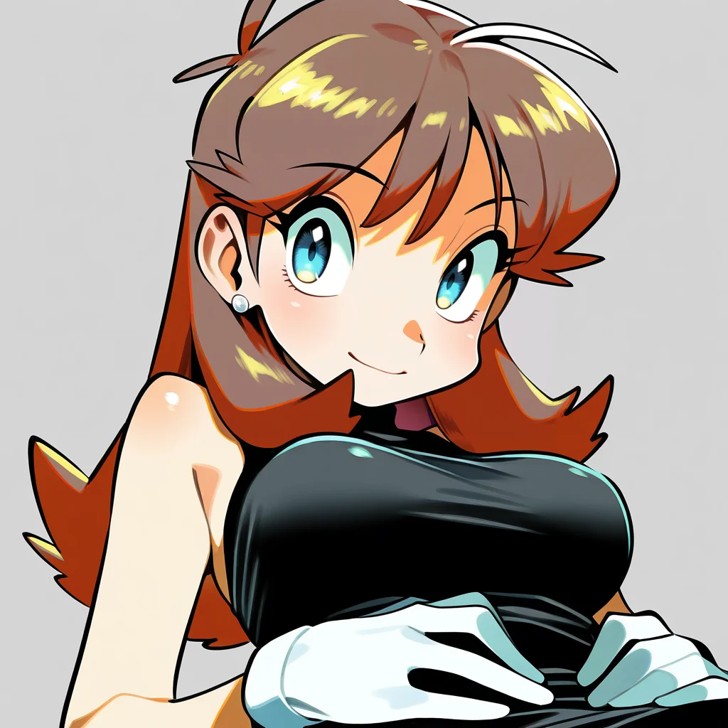masterpiece, best quality, amazing quality, monochrome, greyscale, BREAK bluepokespe, long hair, 1girl, light smile, solo, brown hair, blue eyes, sleeveless dress, black dress, white gloves, looking at viewer, leaning back, earrings, upper body, medium breasts, arms behind head, facing viewer, <lora:Blue:1> <lora:PokemonAdventuresNoobLocon_byKonan:1>