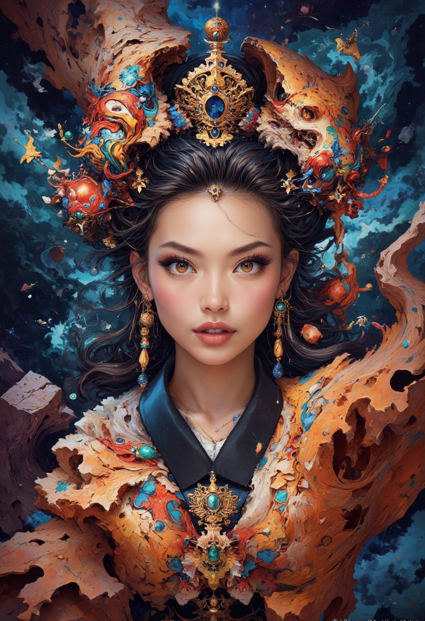 masterpiece, intricate details,lightning and electricity transforms into a stunning chinese princess, abstract, surreal colours, fractal art, mythp0rt