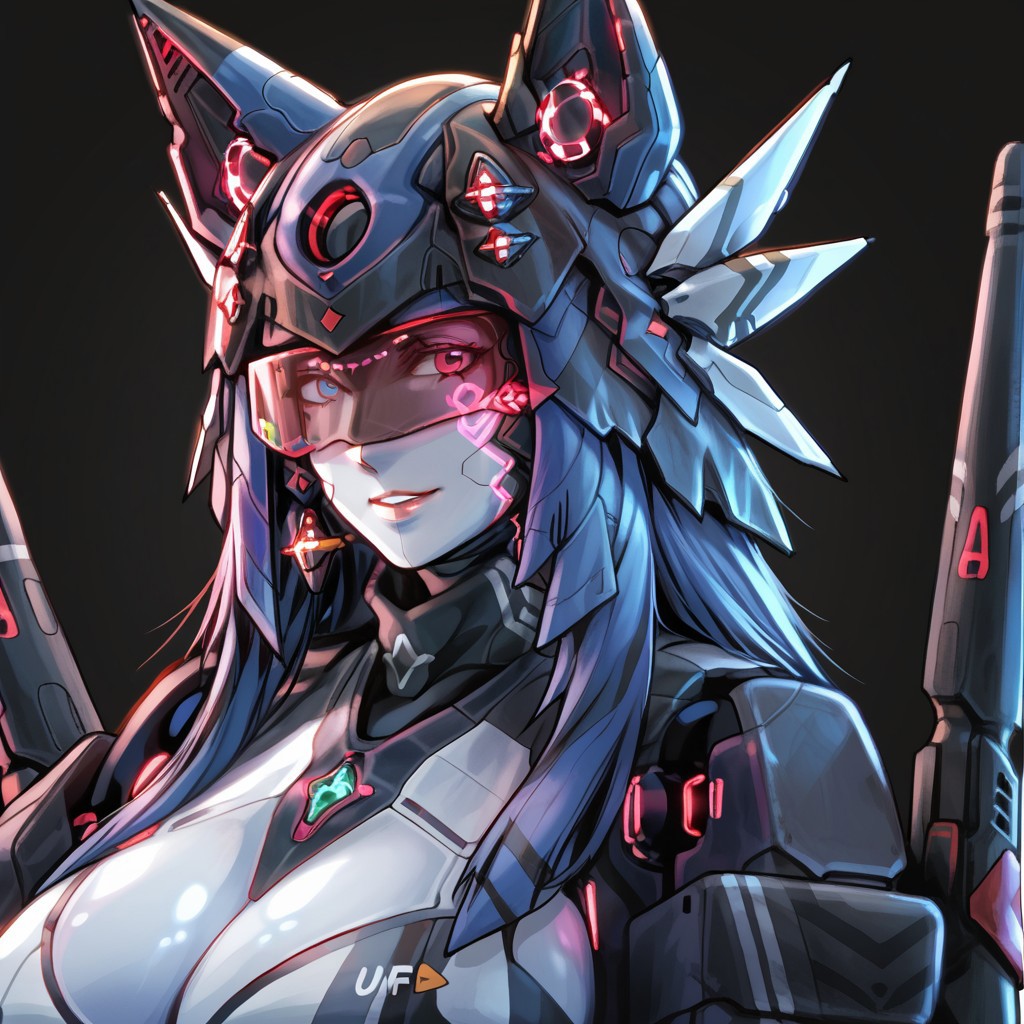 uaf-character, |||, solo, uaf_redblue_backlight, robot, glowing, smile, no humans, breasts, black background, helmet, mecha, upper body, humanoid robot, uaf_neuko, uaf-portrait, 1girl, animal ears, uaf_red_blue_ilumination, simple background, 80swa, Expressiveh, score_9,score_8_up,score_7_up,  8k, hd , ultra realistic, hyper realistic, detailed face, natural huge breasts, beautiful woman's face, <LoRA: uafPortraits-000110>, <LoRA: uaf Wt: 1>, pureerosface_v1, (PureErosFace_V1:0.8)