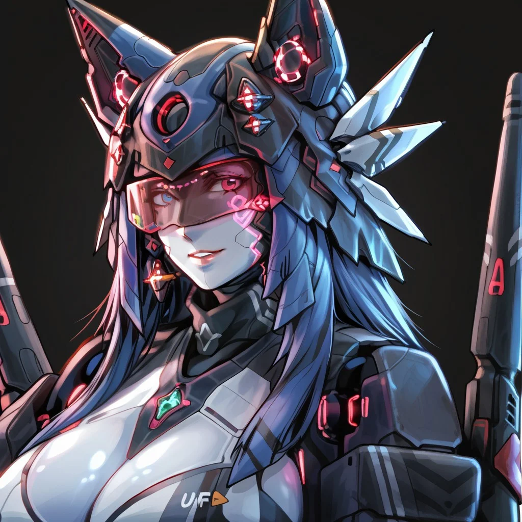 uaf-character, |||, solo, uaf_redblue_backlight, robot, glowing, smile, no humans, breasts, black background, helmet, mecha, upper body, humanoid robot, uaf_neuko, uaf-portrait, 1girl, animal ears, uaf_red_blue_ilumination, simple background, 80swa, Expressiveh, score_9,score_8_up,score_7_up, 8k, hd , ultra realistic, hyper realistic, detailed face, natural huge breasts, beautiful woman's face, <LoRA: uafPortraits-000110>, <LoRA: uaf Wt: 1>, pureerosface_v1, (PureErosFace_V1:0.8)
