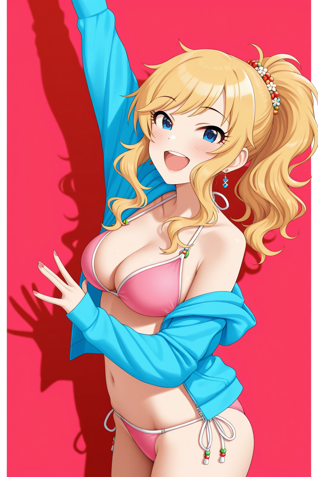 ohtsuki yui, idolmaster, 1girl, :d, arm up, bare shoulders, bikini, blonde hair, blue eyes, blue jacket, blush, breasts, cleavage, collarbone, earrings, hood, hooded jacket, jacket, jewelry, long hair, looking at viewer, medium breasts, nail polish, navel, open mouth, pink bikini, ponytail, side-tie bikini bottom, skindentation, smile, solo, standing, stomach, swimsuit, waving, wavy hair, masterpiece, best quality