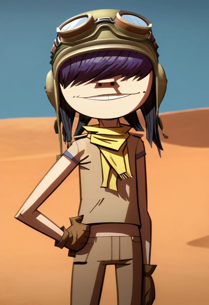 score_9, score_8_up, score_7_up, BREAK, source_cartoon, 1girl, n00dlegorillaz, solo, dark hair, purple hair, short hair, bangs over eyes, bangs, helmet, goggles, goggles on head, scarf, shirt, gloves, pointing, hand on hip, smile, desert, cowboy shot