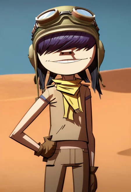 score_9, score_8_up, score_7_up, BREAK, source_cartoon, 1girl, n00dlegorillaz, solo, dark hair, purple hair, short hair, bangs over eyes, bangs, helmet, goggles, goggles on head, scarf, shirt, gloves, pointing, hand on hip, smile, desert, cowboy shot