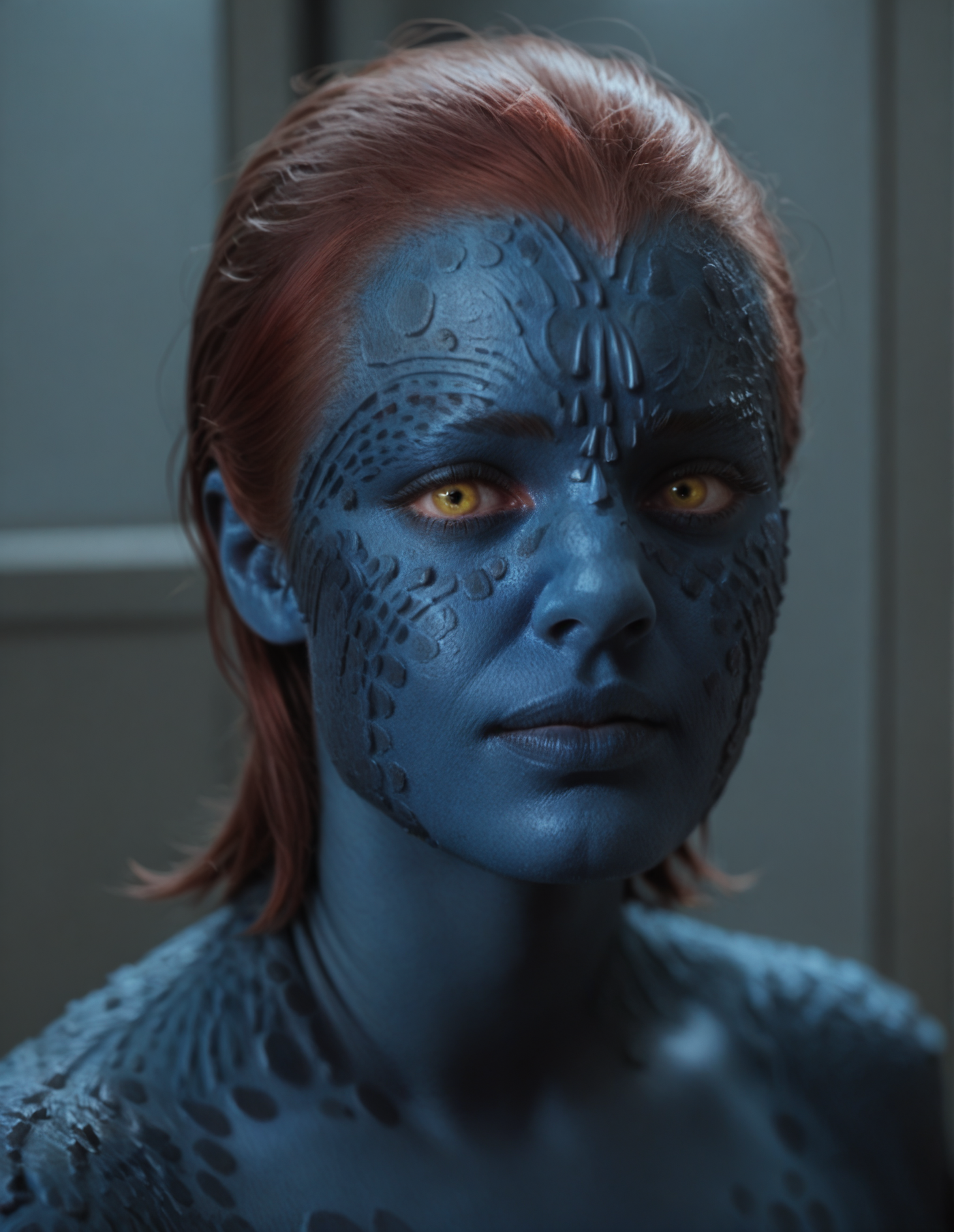 1girl, blue skin, red hair, yellow eyes, <lora:Mystique:1> mystique, score_9, score_8_up, score_7_up, score_6_up