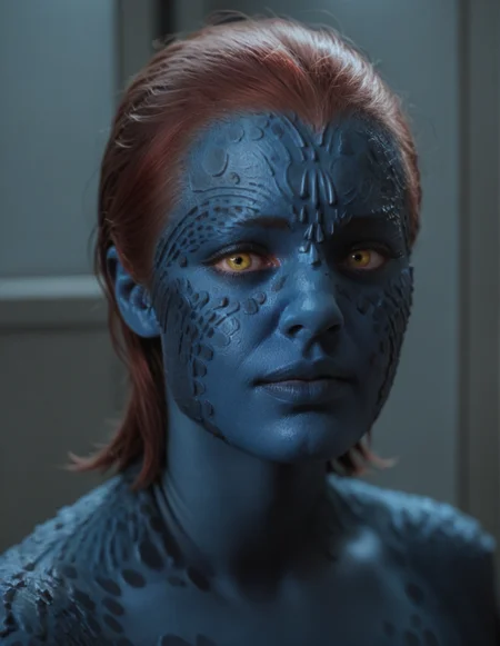 1girl, blue skin, red hair, yellow eyes, <lora:Mystique:1> mystique, score_9, score_8_up, score_7_up, score_6_up