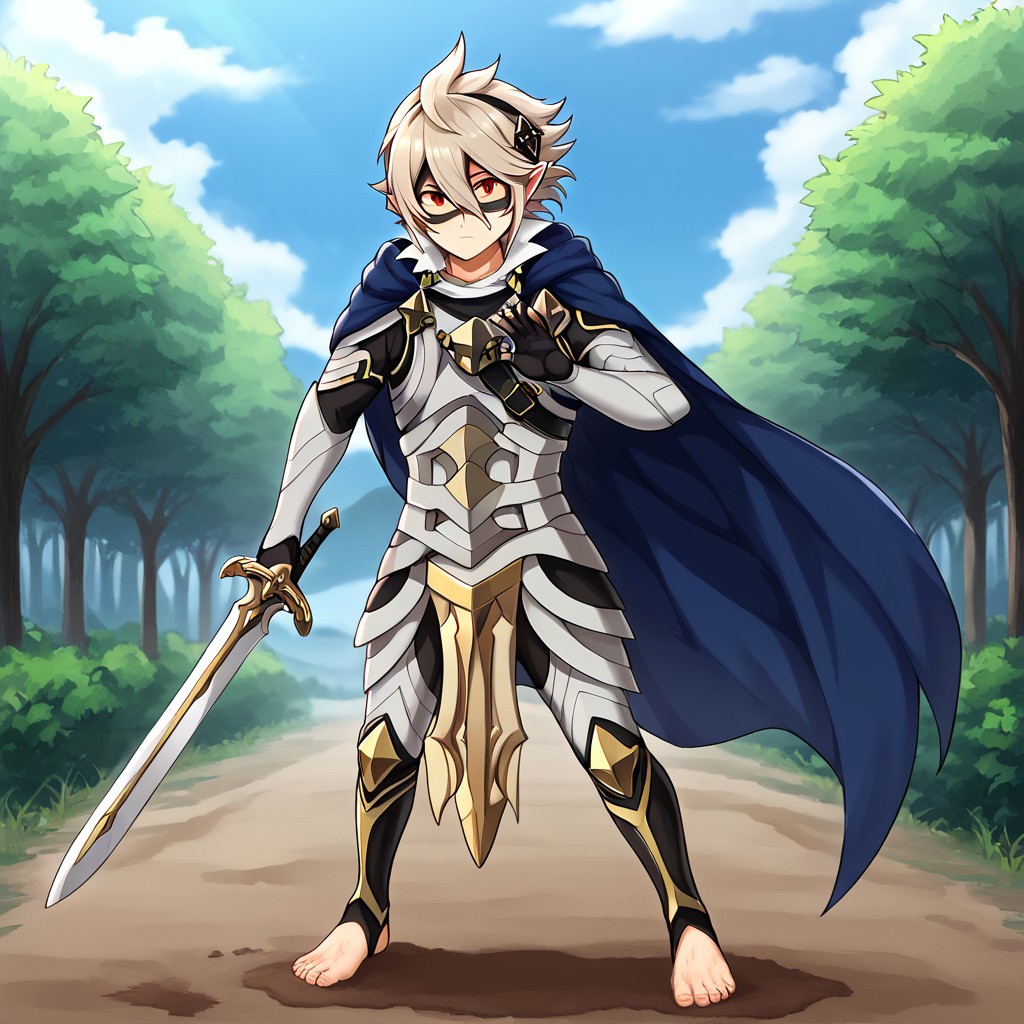 masterpiece, best quality, sharp aliasing, highly detailed, blue cape, armour, black gloves, outdoors, day, muddy ground, tree, bush, barefoot, toeless legwear, armoured legwear, stirrup legwear, 5 toes, Quality, High Definition, Full body view, solo, Tamaki Amajiki, pointy ears, dark blue hair, hair between eyes, hood, mask, male, male body, EPfeCorrin, sword, sword in hand, sword stance