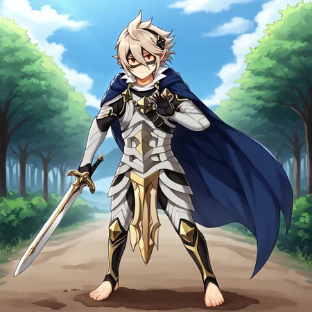 masterpiece, best quality, sharp aliasing, highly detailed, blue cape, armour, black gloves, outdoors, day, muddy ground, tree, bush, barefoot, toeless legwear, armoured legwear, stirrup legwear, 5 toes, Quality, High Definition, Full body view, solo, Tamaki Amajiki, pointy ears, dark blue hair, hair between eyes, hood, mask, male, male body, EPfeCorrin, sword, sword in hand, sword stance