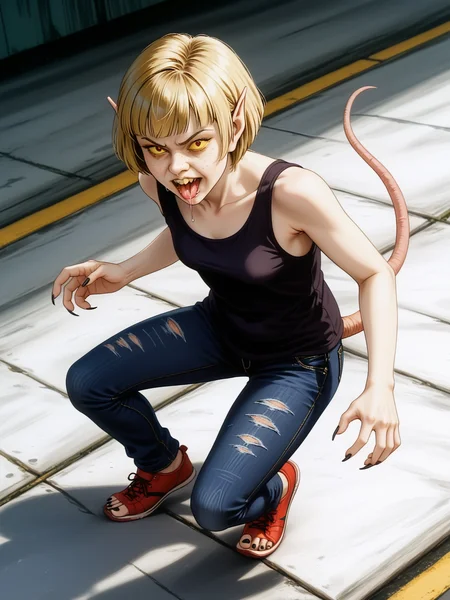 core_9, score_8_up, score_7_up,  high quality, 1girl, solo,<lora:100_ratrot_pdxl:1>  sharp toenails, thin, ((ratrot)), sharp dark nails, yellow sclera,wrinkled nose,savage, tank top, jeans, navel, blonde, pixie cut, short hair, bangs,rat tail, walking hunched over, pointed ears, open mouth, teeth, tongue out , hairy, shoes, shoe burst, upper body view, drooling, rr_nose, rr_teeth,  bad skin, side view, excessive body hair, warty