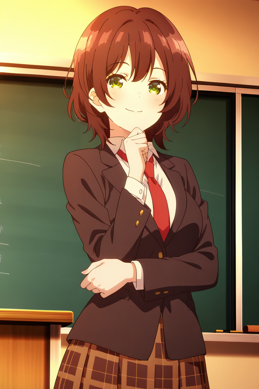 anime screenshot, hinami aoi, 1girl, solo, brown hair, short hair, green eyes, medium breasts, school uniform, blazer, black jacket, white shirt, collared shirt, long sleeves, red necktie, brown skirt, plaid skirt, looking at viewer, smile, hand on own chin, cowboy shot, indoors, classroom, chalkboard, masterpiece, best quality, high quality, highres, absurdres, <lora:hinami_aoi_ILXL:0.9>
