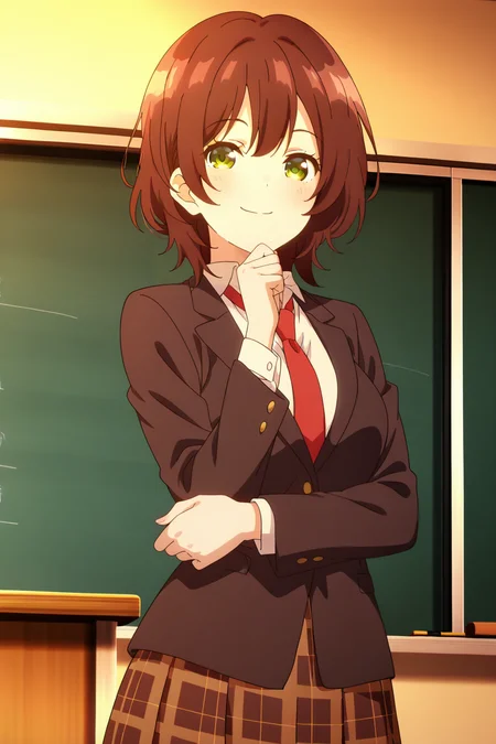anime screenshot, hinami aoi, 1girl, solo, brown hair, short hair, green eyes, medium breasts, school uniform, blazer, black jacket, white shirt, collared shirt, long sleeves, red necktie, brown skirt, plaid skirt, looking at viewer, smile, hand on own chin, cowboy shot, indoors, classroom, chalkboard, masterpiece, best quality, high quality, highres, absurdres, <lora:hinami_aoi_ILXL:0.9>