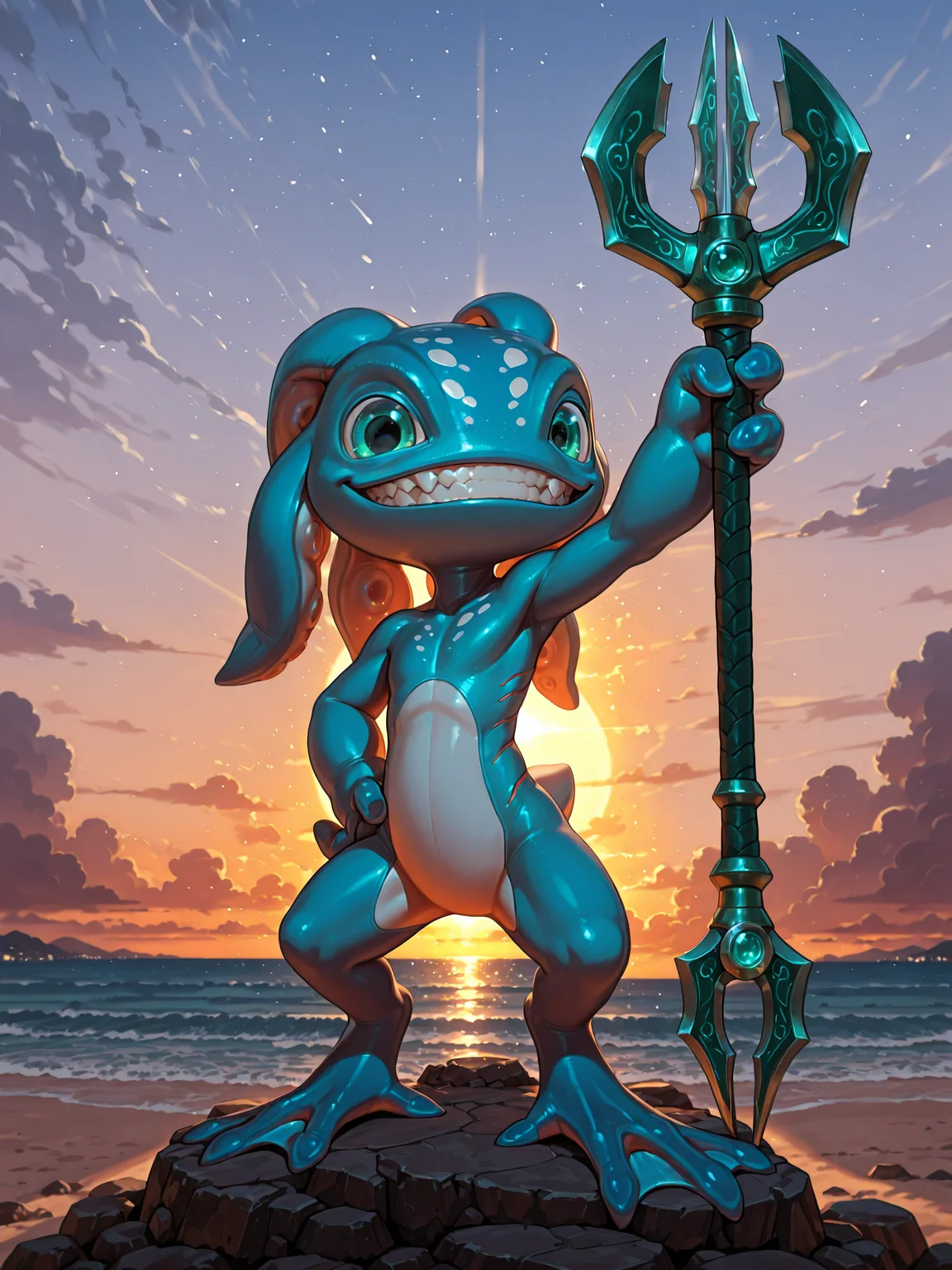 <lora:FizzIllustriousV1:1>
Fizz, Yordle, marine, nude, solo, amphibian, webbed feet, gills, blue body BREAK
smirk, showing teeth, standing on rock, arm up, holding weapon, trident BREAK beach, sunset BREAK
2.5d, digital art, highly detailed, detailed background, absurdres, high resolution, 8K, highres, 4k, 2k, high detail, masterpiece, best quality, amazing quality, very aesthetic, absurdres, newest, scenery, ultra-detailed, newest, scenery, volumetric lighting <lora:spo_sdxl_10ep_4k-data_lora_webui:1>