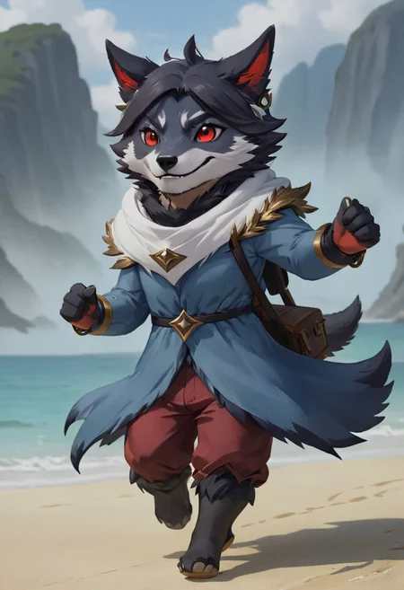 furry wolf, gray wolf, chibi, 
bad Wolf, with red eyes,  beach,
pants or shorts, furry body
full-length frontal view, flight phase during running, legs above the ground, wind blowing the cloak, fast running,
Hyperrealistic art high-quality portrait flat matte drawing of a cute Nendoroid and cartoon style, anime flat style, thick drawing, medium close-up", (solo:1.2), photorealistic:1.5, 8k, texture skin, realistic skin, detailed skin, highest detailed, extreme detailed, 8k wallpaper, colorful, (dark magic), ring with the stone, (intricate details), (hyperdetailed), 8k hdr, high detailed, lot of details, high quality, soft cinematic light, atmospheric perspective (focus on), color Ink wash painting, Extremely high-resolution details, photographic, realism pushed to extreme, fine texture, incredibly lifelike, two people, two children