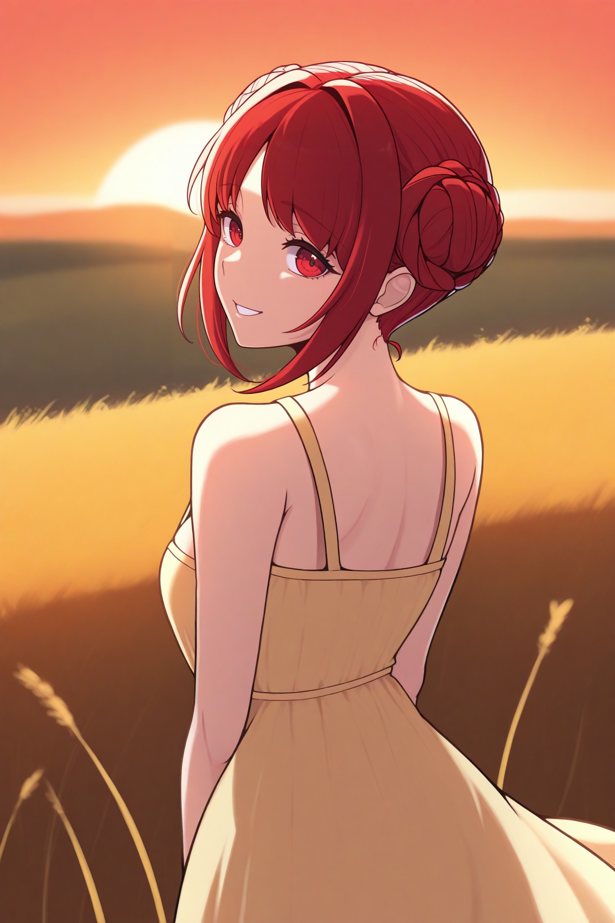 masterpiece, best quality, 1girl, solo, <lora:femonica-illu-nvwls-v1-000006:1> basemc, red hair, short hair, double bun, braided bun, red eyes, yellow sundress, from behind, sunset, looking at viewer, smile, field