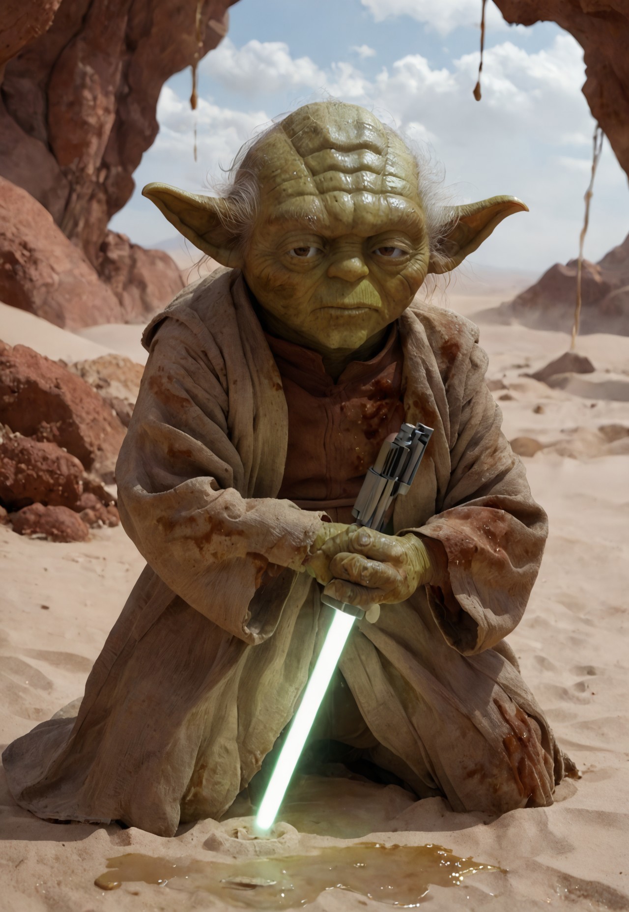  score_9, score_8_up, score_7_up, yoda, (green skin:1.5), portrait, kneeling, defeated, tired, reflections, highly detailed, film grain,  old book style ink illustration of   Yoda holding a lightsaber with Perfect Hands    in a cyberpunk city, pose inspired by Boris Vallejo, brushwork echoing Carne Griffiths, realistic, lifelike, on parchment, (((ink splashes, ink stains, ink smears, faded ink))), (futuristic:1.5) desert, tatooine, galaxy, lucasfilms, glass, sun, in the clouds, futuristic round roofed adobe desert dwellings, fractals, sunrise, moody tones, mentixis, linquivera, movie poster, star wars vibes, (((watercolor style with strong washes)))