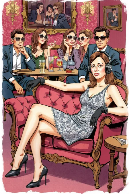 watercolor illustration.
A luxurious, dimly lit lounge set in 1970s Italy, exuding vintage charm and opulence. A stylish young woman in a lace dress, wearing oversized headphones, lounges on a plush velvet couch with an air of cool detachment. She dons sleek black gloves, embodying the effortless glamour of the era. In the background, a group of fashionable, well-dressed people in tailored suits and cocktail dresses sit around a table, enjoying drinks and conversation, all wearing sunglasses. The room is adorned with ornate gold decor, rich velvet textures, and the warm glow of dim lighting, evoking the chic sophistication of Italy's high society in the 1970s. <lora:watercolor.comic1_cap_d6a3:1.0><lora:830674309149327428:0>