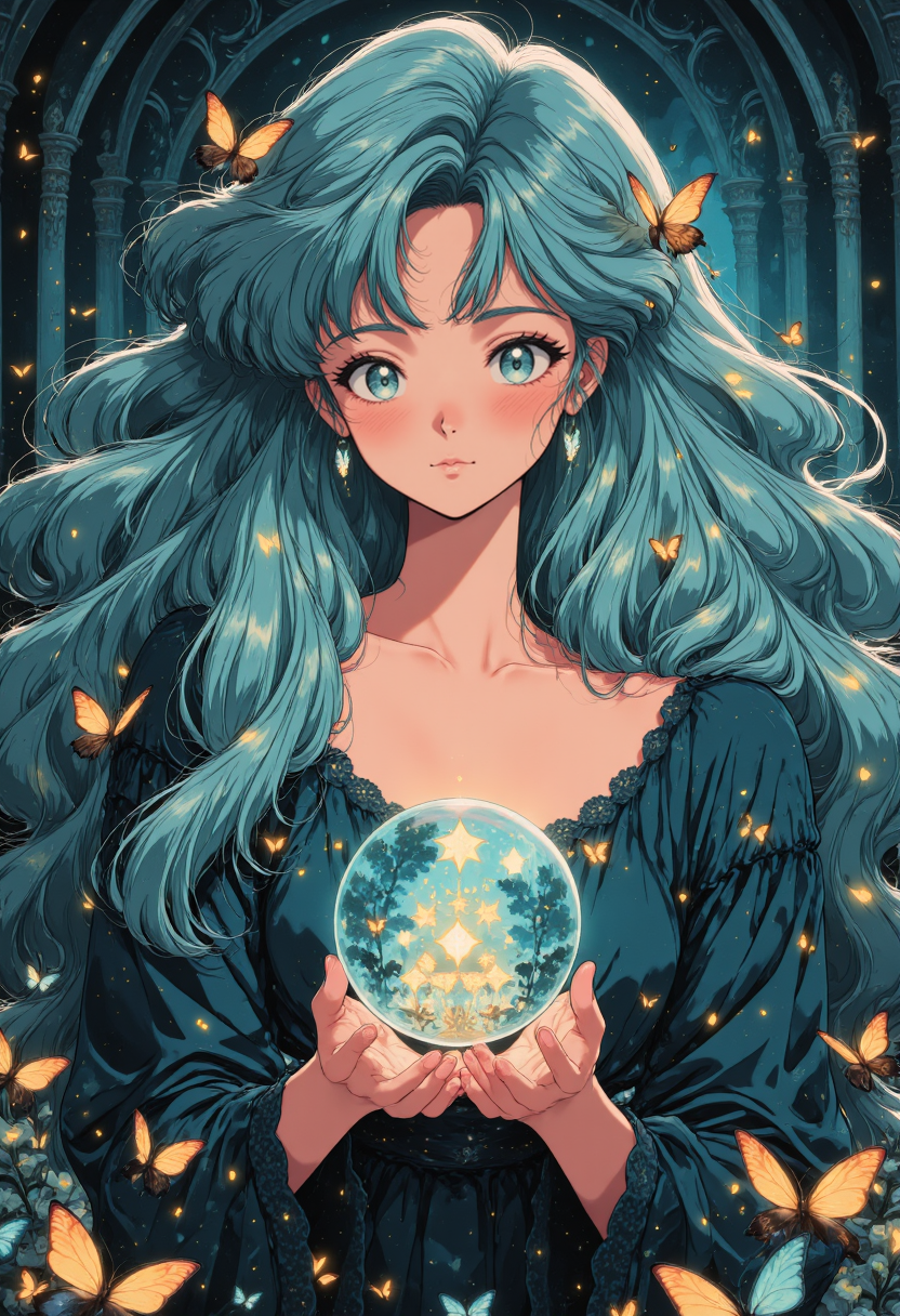 pinkretroanime, A woman with shimmering teal hair, holding a crystal orb, surrounded by floating fireflies and soft twilight hues; detailed and intricate.