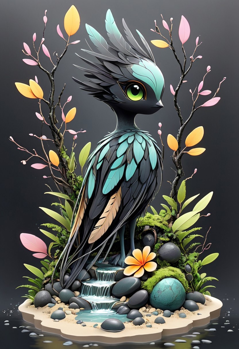 artmdfstff2, oasis, character concept, black linework, white background, neon's and pastels, fantasy setting, world building, dark fantasy, organic, made of stuff, construct, pokemon, moss, Leaves, petals, pebbles, water, sand, feathers, twigs